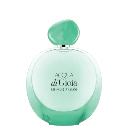 O produto apresentado é um frasco de perfume da linha Acqua di Gioia da Giorgio Armani. O frasco possui um formato arredondado com uma tampa em formato de pedra verde translúcida.