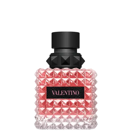 Frasco de perfume Valentino com design geométrico em vidro rosa e detalhes em preto, contendo o nome da marca em destaque.