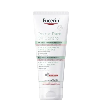 Eucerin Dermo Pure Oil Control, um creme corporal em embalagem branca com detalhes em vermelho e verde, projetado para pele oleosa com imperfeições e manchas pós-acne.