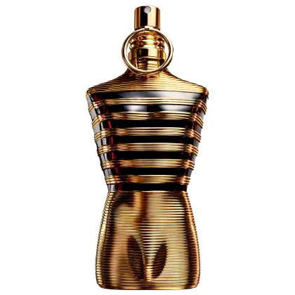 O frasco possui um design distintivo, com uma forma cilíndrica e listras douradas e pretas que se enrolam em torno do corpo. O topo do frasco é arredondado e dourado, com um pequeno bico pulverizador.