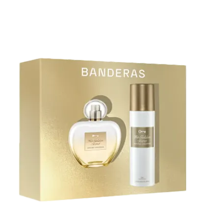 O frasco de perfume possui um design elegante, com um formato arredondado e uma tampa dourada. O frasco de desodorante possui um design mais simples, com uma embalagem branca e o nome da marca impresso em dourado