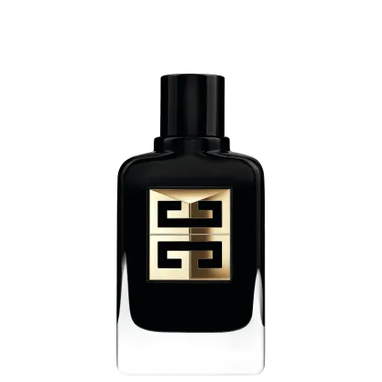 O frasco possui um design elegante e minimalista, com uma cor predominantemente preta e detalhes em dourado. O rótulo exibe o logotipo da marca Givenchy em destaque, com uma composição geométrica em preto e dourado.