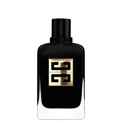 O frasco possui um design elegante e minimalista, com uma cor predominantemente preta e detalhes em dourado. O rótulo exibe o logotipo da marca Givenchy em destaque, com uma composição geométrica em preto e dourado.