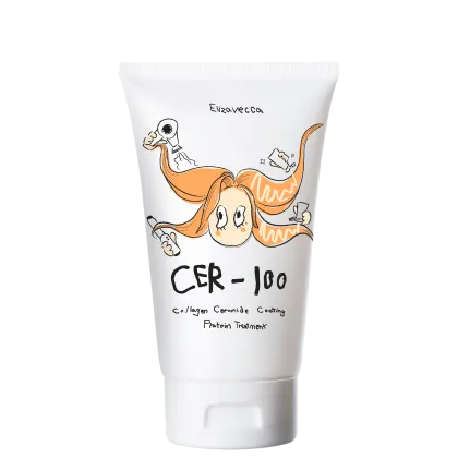 Tubo branco com ilustração de personagem e texto "CER-100 Collagen Ceramide Coating Protein Treatment". Produto de tratamento capilar da marca Elizavecca