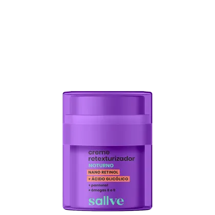 Creme retexturizador noturno Sallve com nano retinol, ácido glicólico, pantenol e ômegas 6 e 9, em embalagem roxa com rótulo destacado.