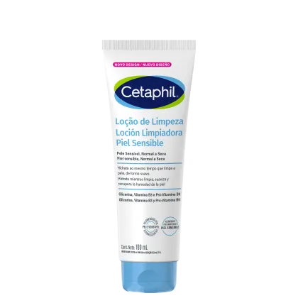 Tubo de limpeza facial da marca Cetaphil, com 100 ml de conteúdo. O rótulo apresenta o nome da marca em destaque, junto com a descrição "Loção de Limpeza Piel Sensible" e informações sobre os ingredientes e benefícios do produto.