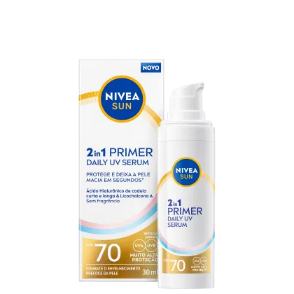 Produto de proteção solar da marca NIVEA, com embalagem branca e azul, contendo um frasco com bomba dosadora. Rótulo indica tratar-se de um "2 em 1 Primer Daily UV Serum" com FPS 70 e proteção UVA/UVB.