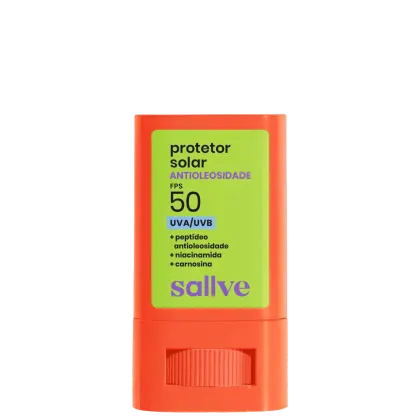 Protetor solar Sallve FPS 50 com antioleosidade, UVA/UVB, peptídeo antioléosidade, niacinamida e carnosina, em embalagem laranja e verde.