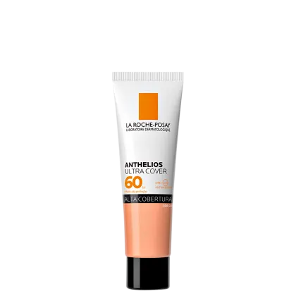 Tubo branco com rótulo laranja da marca La Roche-Posay, contendo protetor solar Anthelios Ultra Cover FPS 60, com indicação de alta cobertura.