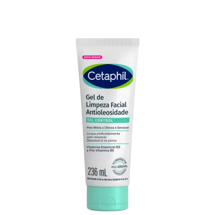 Tubo branco com rótulo azul e verde da marca Cetaphil. Contém a descrição "Gel de Limpeza Facial Antioleosidade" e informações sobre o controle de oleosidade e vitaminas essenciais. O produto é apresentado em embalagem de 236 ml.