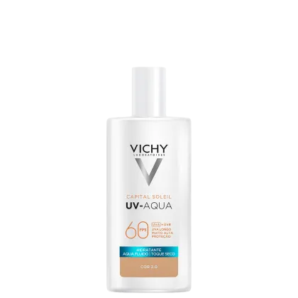 Frasco branco da linha Capital Soleil UV-Aqua da Vichy, com proteção solar FPS 60 e indicação de hidratação e toque seco. Rótulo com informações sobre a formulação e a cor 2.0.