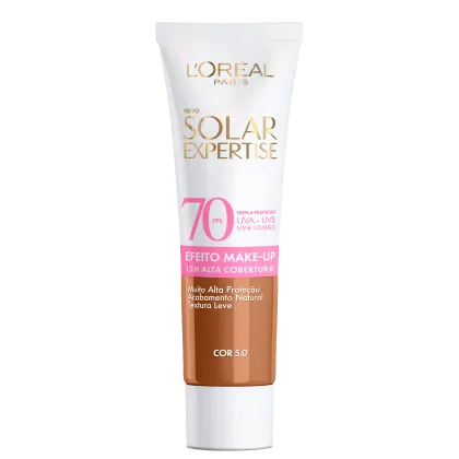 Tubo de protetor solar facial da marca L'Oreal Paris, da linha Solar Expertise, com FPS 70 e acabamento make-up. Embalagem branca com detalhes dourados, indicando a cor 5.0 do produto.