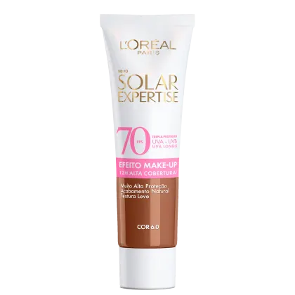 Tubo de protetor solar facial da marca L'Oreal Paris, da linha Solar Expertise, com FPS 70 e tripla proteção UVA+UVB+UVA longo. Embalagem branca e dourada, com informações sobre o produto e sua cobertura.