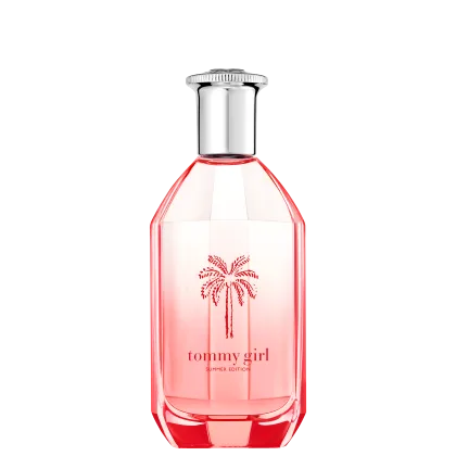 Frasco de perfume Tommy Girl Summer Edition, com design elegante e tampa prateada. O frasco possui uma tonalidade rosa clara e apresenta um desenho de uma palmeira vermelha em destaque.