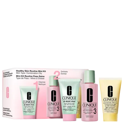 Caixa de kit de rotina de pele saudável para pele mista/oleosa. Contém frascos de limpador, esfoliante, loção clarificante e gel hidratante da marca Clinique. Embalagem em tons de rosa e verde, com rótulos e logotipos da marca.