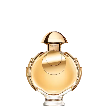 Perfume Olympéa Elixir Rabanne Eau de Parfum Intense, recipiente dourado em forma de cúpula com detalhes em relevo. Possui tampa arredondada e corpo esculpido com linhas curvas. Rótulo com nome da marca "Rabanne" em destaque. 