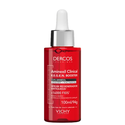 Frasco de soro regenerador Aminexil Clinical R.E.G.E.N. Booster da Vichy, com 100ml/94g, contendo 1.5% de Aminexil, Gencigre e Niacinamida, com promessa de reduzir a queda de cabelo e estimular o crescimento capilar.