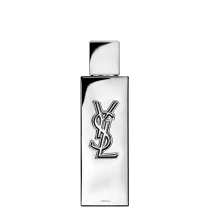 Frasco de perfume de design minimalista prateado, com o logotipo da marca Yves Saint Laurent em destaque. A embalagem possui uma forma geométrica simples e elegante, com uma tampa destacada no topo.