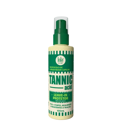 Frasco de 100ml de Tannic Acid, um leave-in protetor da marca Lola From Rio, com design em verde e branco, destacando o protocolo de longevidade capilar.