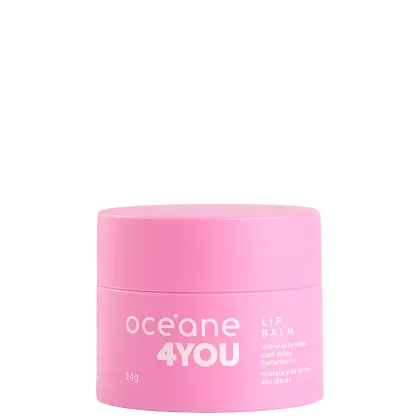 Embalagem rosa em formato cilíndrico, com rótulo branco contendo o nome "Oceane 4you" e a descrição "Lip Balm - Hidratante labial com ácido hialurônico". Produto de beleza para os lábios, com 14g de conteúdo.