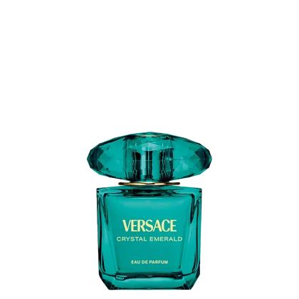 Frasco de item de perfumaria de cor verde esmeralda brilhante com tampa em formato oval. Rótulo em letras douradas exibe a marca "VERSACE CRYSTAL EMERALD" e a descrição "EAU DE PARFUM".