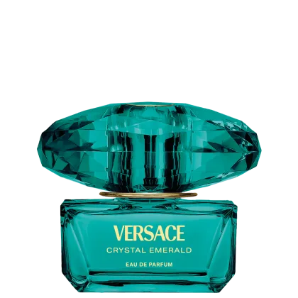Frasco de item de perfumaria de cor verde esmeralda brilhante com tampa em formato oval. Rótulo em letras douradas exibe a marca "VERSACE CRYSTAL EMERALD" e a descrição "EAU DE PARFUM".