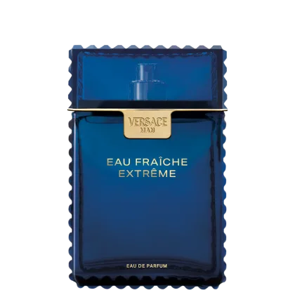 Frasco de perfume masculino Versace Eau Fraîche Extreme, com embalagem azul escura e detalhes dourados, exibindo o nome da marca e a descrição do produto.