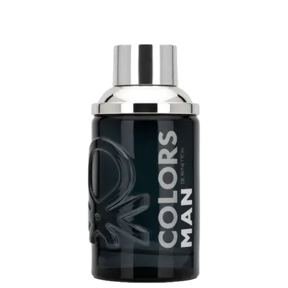 Frasco de perfume masculino da marca Colors Man, com design moderno e predominância de cores preto e prata. O rótulo apresenta o nome da marca em letras brancas destacadas.