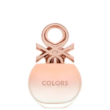 Frasco de perfume feminino da marca Colors de Benetton, com tampa em formato de estrela dourada, em fundo preto. O frasco possui uma forma arredondada e a embalagem apresenta o nome da fragrância em letras rosè.