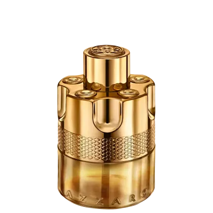 Frasco dourado de item de perfumaria com formato cilíndrico e detalhes texturizados, exibindo o nome da marca Azzaro em destaque.