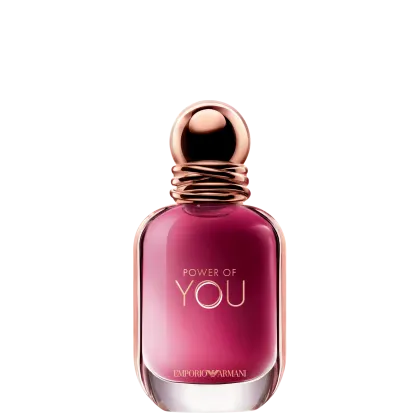Perfume Power of You Armani Eau de Parfum exibe o texto "POWER OF YOU" em letras douradas sobre conteúdo rosa vibrante. O design é elegante e minimalista, com uma aparência sofisticada.