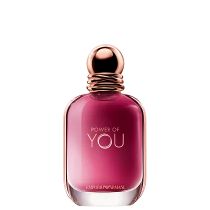 Perfume Power of You Armani Eau de Parfum exibe o texto "POWER OF YOU" em letras douradas sobre conteúdo rosa vibrante. O design é elegante e minimalista, com uma aparência sofisticada.