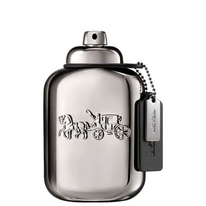 Frasco de perfume prateado com design gravado de carruagem antiga. Embalagem elegante e minimalista, com tag de identificação preta.