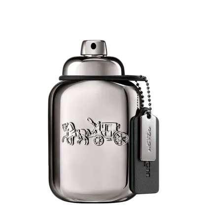 Frasco de perfume prateado com tampa e corrente, com gravura de carruagem em relevo. Rótulo com nome da marca visível. Embalagem elegante e sofisticada em tons de cinza e preto.