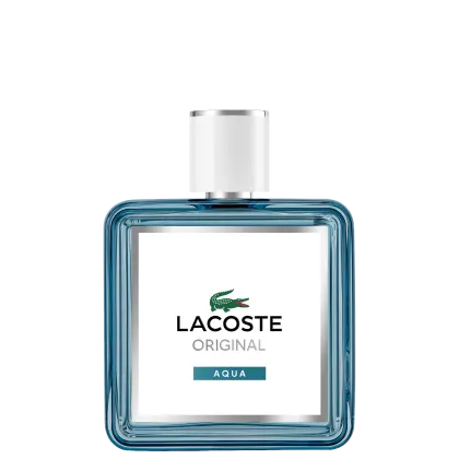 Perfume Lacoste Original Aqua com design moderno e elegante. Embalagem de vidro azul transparente com tampa branca e logotipo da marca. Rótulo branco com o nome do produto e indicação da fragrância "Aqua".