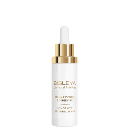 Frasco de vidro branco com conta-gotas dourado, rótulo com nome da marca "Sisley" e texto "L'Integral Anti-Age Sérum Essentiel Longévité" em dourado, produto de cuidados para a pele.