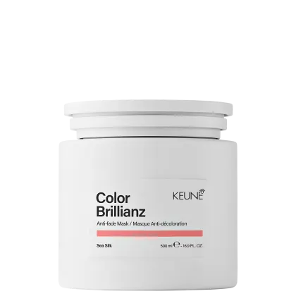 Frasco branco de 500 ml da máscara Keune Color Brillianz, com rótulo preto e texto em inglês descrevendo o produto.
