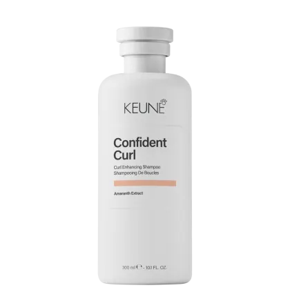Frasco branco da linha Confident Curl da Keune, contendo shampoo para realçar cachos. Rótulo com nome do produto e ingrediente destaque, Amaranth Extract. Embalagem cilíndrica com tampa branca.