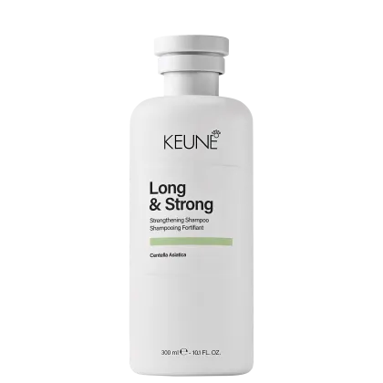 Frasco branco da linha Long & Strong da Keune, com rótulo preto e verde, contendo shampoo fortificante com centella asiática, com capacidade de 300 ml.
