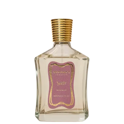Frasco de perfume Granado Suede, com rótulo rosa e dourado, em embalagem de vidro transparente com tampa dourada em espiral.