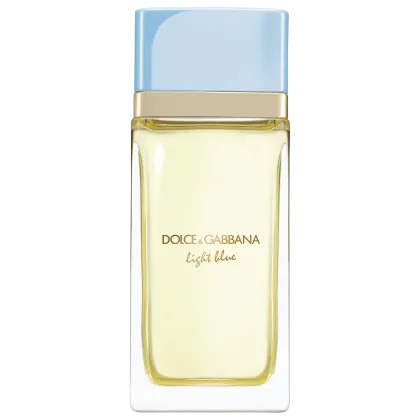 Frasco de perfume Dolce & Gabbana Light Blue, com embalagem azul clara e detalhes dourados, contendo um líquido amarelado.