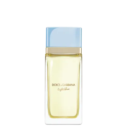 Frasco de perfume Dolce & Gabbana Light Blue, com embalagem azul clara e detalhes dourados, contendo um líquido amarelado.