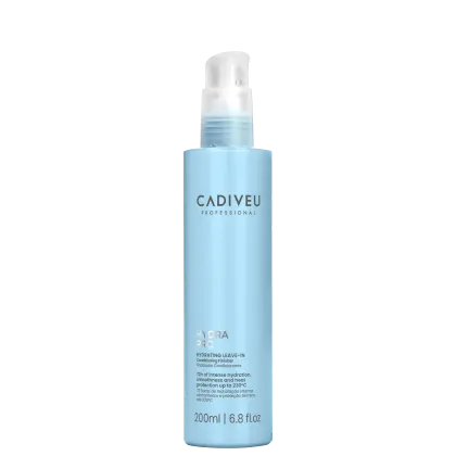 Frasco de leave-in 200ml da linha Hydra Pro da Cadiveu Professional, com embalagem azul claro e rótulo com o nome da marca em branco e cinza. Produto de tratamento capilar leave-in para hidratação, suavidade e proteção térmica até 230°C.