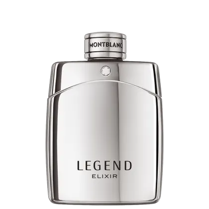 Frasco de perfume Montblanc Legend Elixir, com design elegante em tons de prata e preto, destacando o nome da marca e do produto em letras grandes. Embalagem de vidro com tampa arredondada, transmitindo sofisticação e exclusividade.