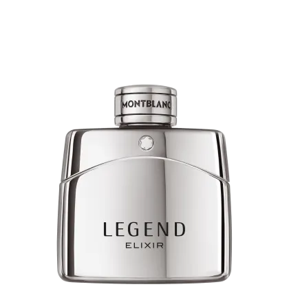 Frasco de perfume Montblanc Legend Elixir, com design elegante e minimalista em tons de prata e preto. O rótulo destaca o nome da fragrância em letras grandes. A embalagem transmite uma imagem sofisticada e refinada do produto.