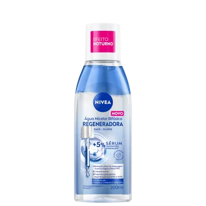 Frasco de água micelar bifásica regeneradora da marca NIVEA, com rótulo rosa e azul, contendo 200ml do produto.