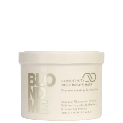 Pote de máscara capilar Blond Me Bondfinity Deep Repair da marca Schwarzkopf Professional , com 500 ml de volume, embalagem bege e rótulo com informações sobre o produto.