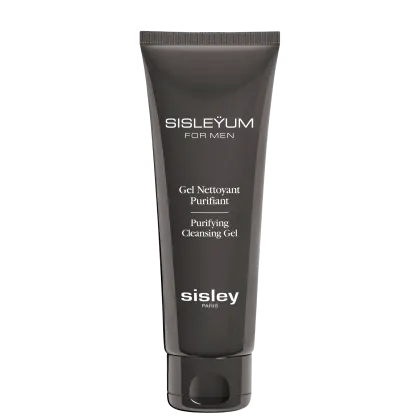 Gel de limpeza purificante em embalagem de tubo cinza com texto em branco, contendo informações sobre o produto e a marca Sisley Paris.