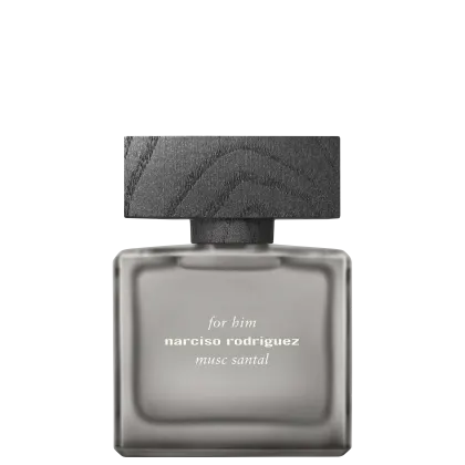 Frasco de perfume masculino da marca Narciso Rodriguez, com embalagem de vidro escuro e rótulo com o nome do produto "Musc Santal" em letras brancas.