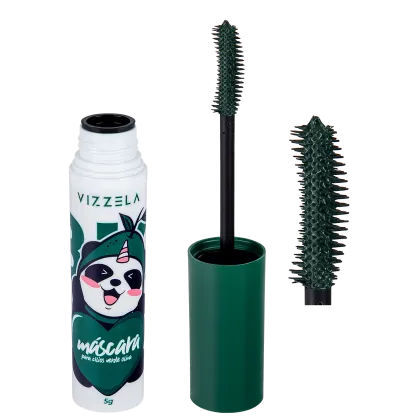 Embalagem verde escuro com ilustração de panda com chifre de unicórnio. Contém escova de rímel preta. Rótulo com nome da marca "Vizzela" e texto "máscara para cílios verde oliva" em verde.